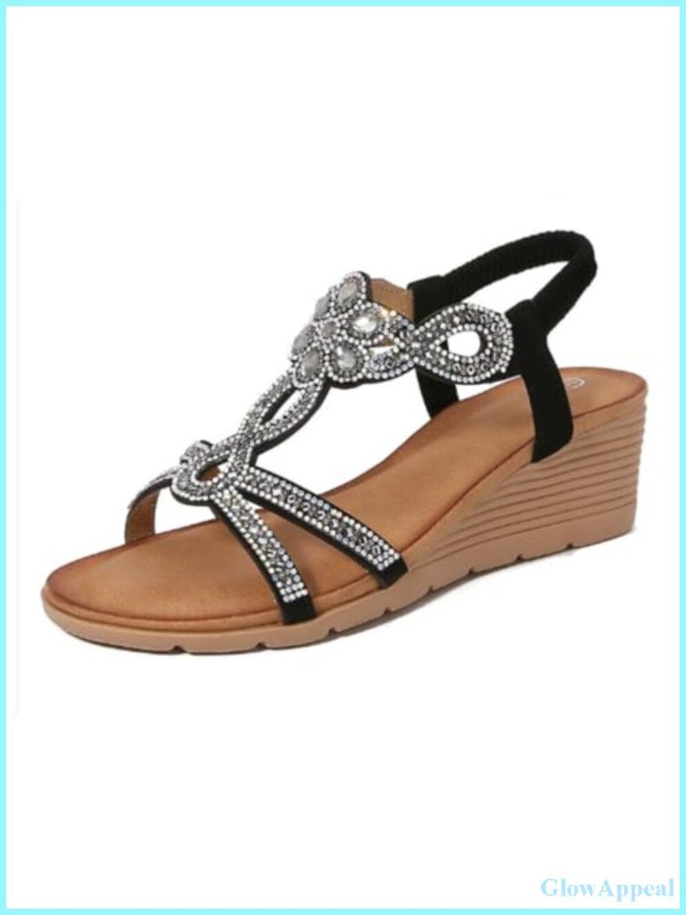 QUCH Women's Wedge Sandals Rhinestone Slingback Open Toe Faux Leather Summer